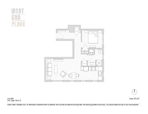 Floor plan for 1 bed, 1 bath, 672 sqft